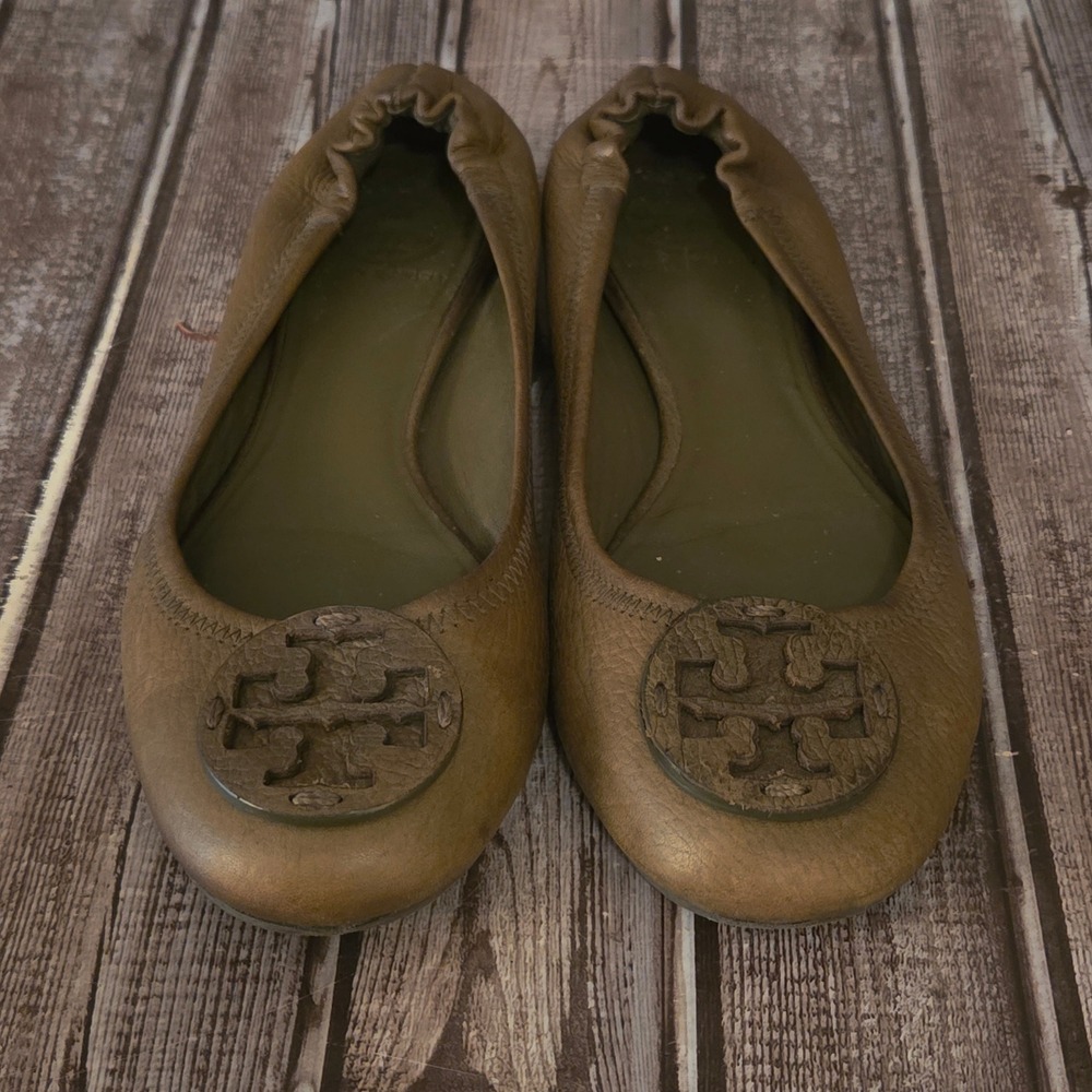 Tory Burch Metallic Olive Leather Logo Ballet Flats